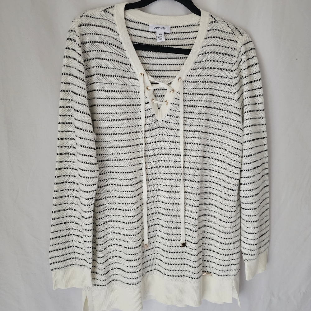 CALVIN KLEIN Lightweight Sweater‎ Womens Size L Ivory Pullover Tunic Coastal